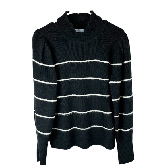 Cece Mock Neck Black and White Stripe Puff Flounce Sleeve Sweater - Picture 4 of 9